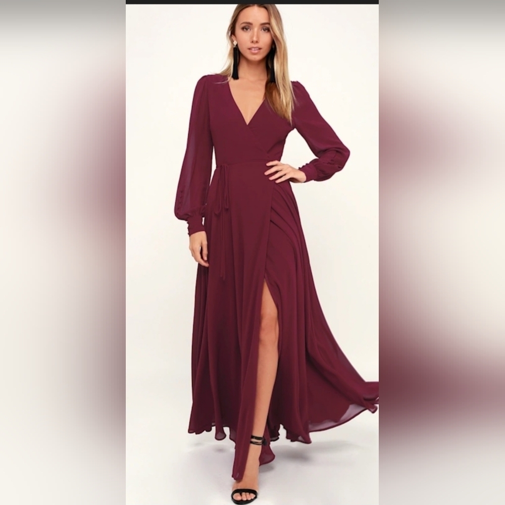 Lulus Love You So Burgundy Long Sleeve Maxi Dress size Large